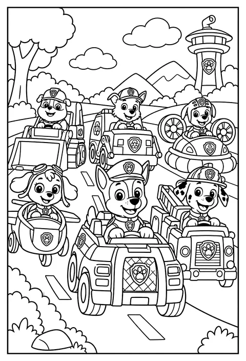Chase, Marshall, Skye, Rubble, Rocky and Zuma racing their vehicles down the road coloring page