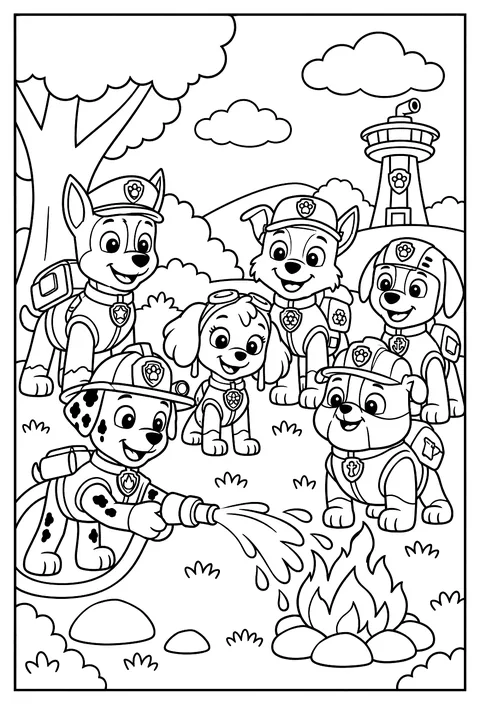 Marshall putting out a small campfire with his fire hose coloring page