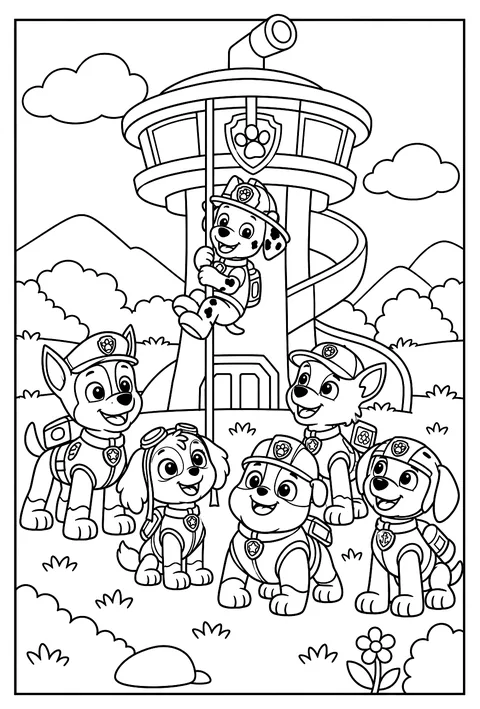 Marshall sliding down the fire pole at the Lookout tower coloring page