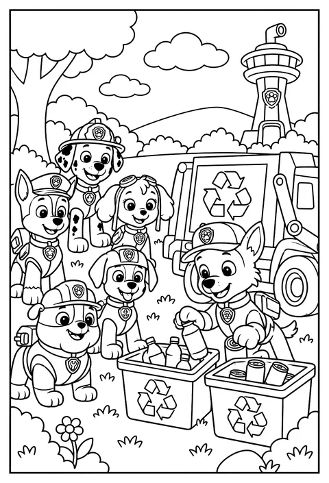 Rocky sorting cans and bottles with his recycling truck coloring page