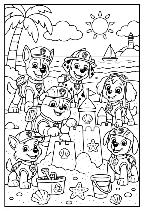 Rubble building a sandcastle wall at the beach with his tools coloring page