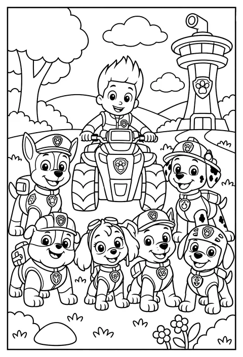 Ryder riding his ATV with his pup pad strapped to the handlebars coloring page