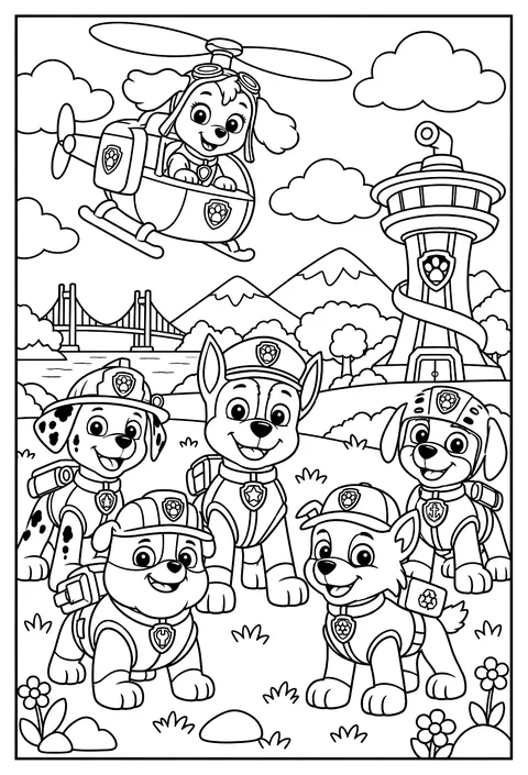 Skye flying her helicopter over Adventure Bay past fluffy clouds coloring page