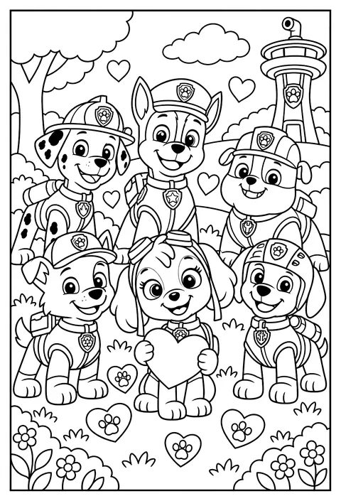 Skye holding a big heart for Valentine's Day surrounded by paw-print hearts coloring page