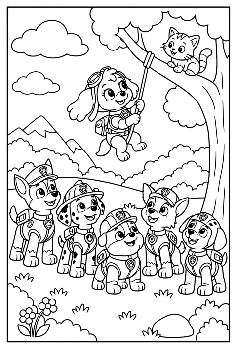 Skye rescuing a kitten stuck in a tall tree using a rope coloring page