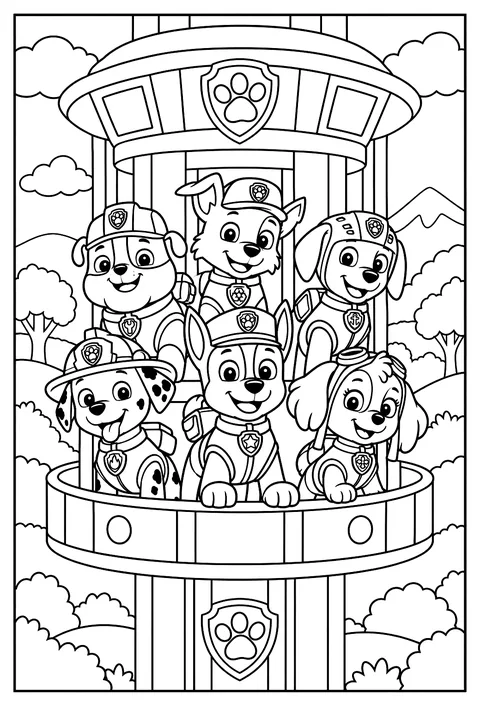 The Lookout tower's elevator platform rising with the pups aboard coloring page