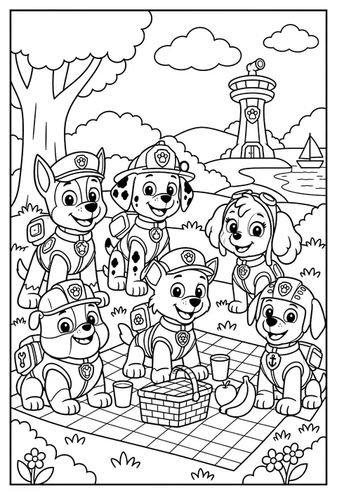 The pups having a picnic together at Adventure Bay on a checkered blanket coloring page