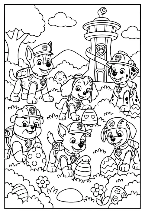 The pups hunting for painted Easter eggs around the Lookout garden coloring page