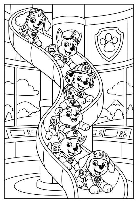 The pups sliding down the periscope slide inside the Lookout tower coloring page