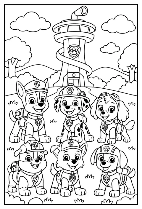 The six pups posing together in front of the Lookout tower coloring page