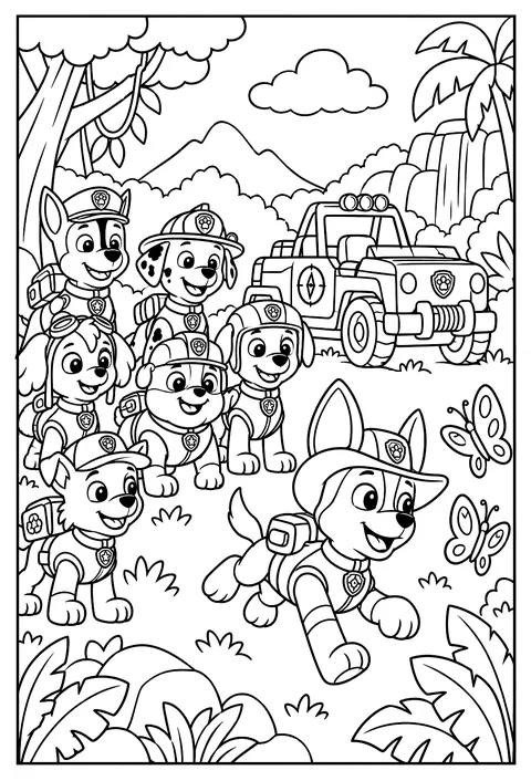 Tracker chasing butterflies in the jungle near his rescue vehicle coloring page