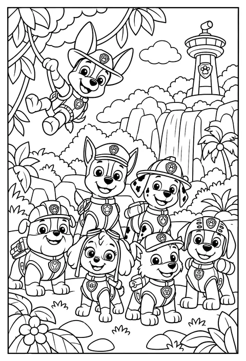 Tracker swinging through the jungle with his big ears out coloring page