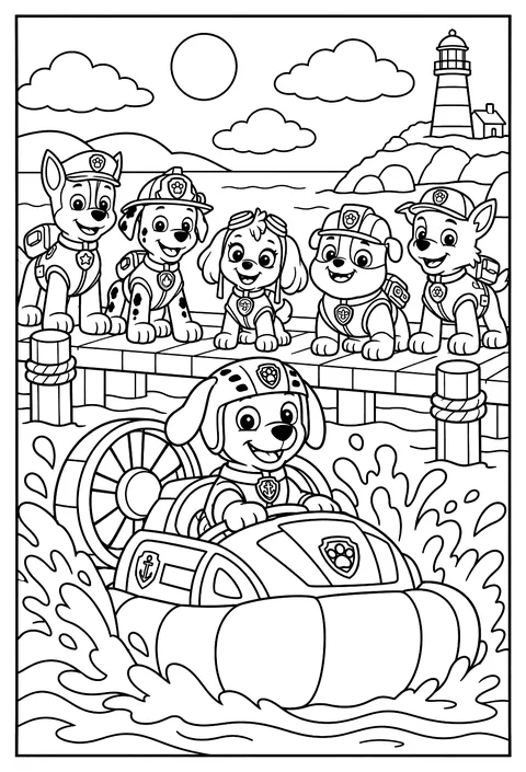 Zuma driving his hovercraft through splashing ocean waves coloring page