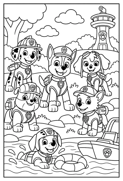 Zuma swimming beside a life ring near his rescue boat coloring page