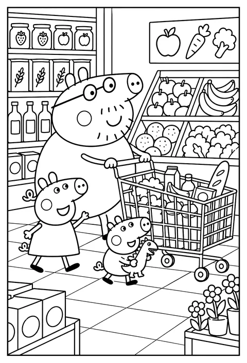 Peppa Pig at the supermarket with Daddy Pig pushing a shopping trolley coloring page