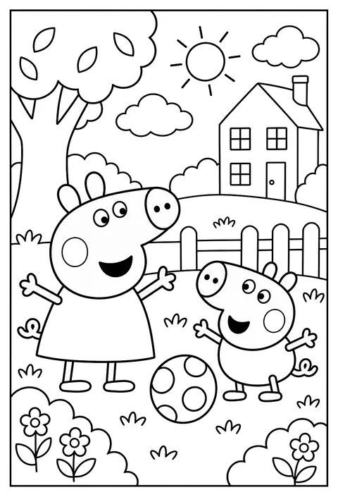 A close-up portrait of Peppa Pig smiling with her round snout coloring page