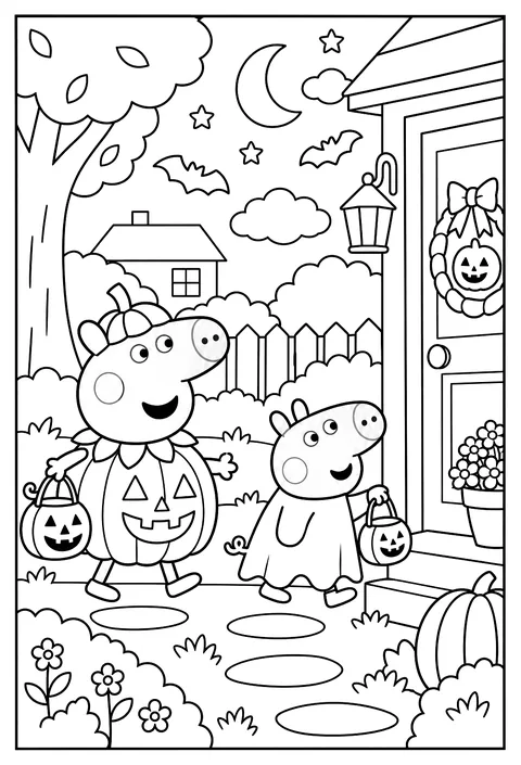 Peppa Pig in a pumpkin costume trick-or-treating with George dressed as a little ghost coloring page