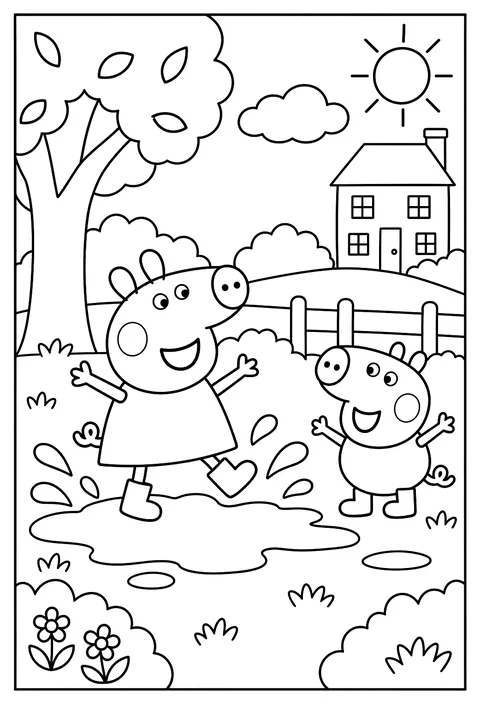 Peppa Pig jumping in a big muddy puddle with George watching and laughing coloring page