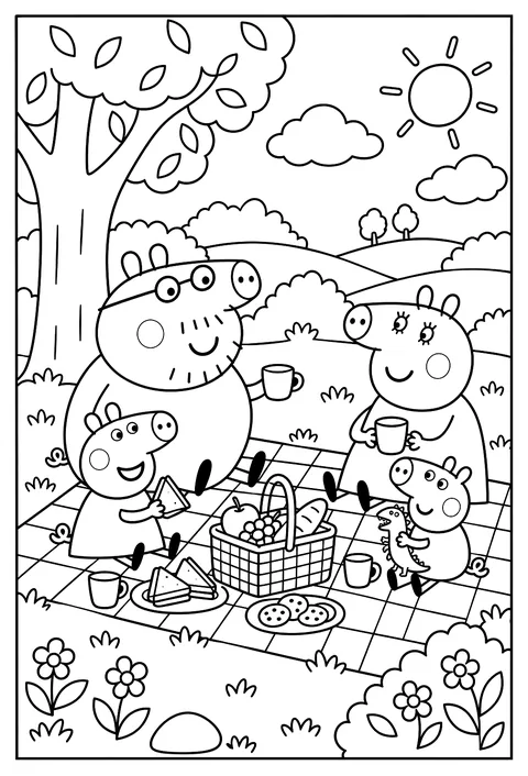 Mummy Pig and Daddy Pig having a picnic with Peppa and George under a tree coloring page