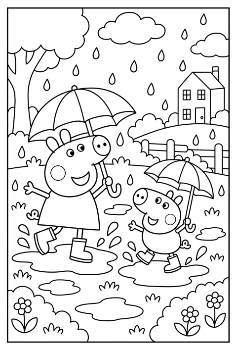 A pattern page of muddy puddles, umbrellas and rain boots coloring page