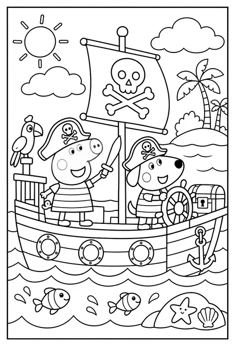 Peppa and Danny Dog playing pirates on a little wooden boat coloring page