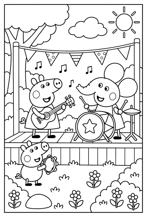 Peppa and Emily Elephant playing musical instruments together in a little band coloring page