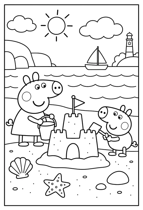 Peppa and George building a sandcastle at the beach with a bucket and spade coloring page
