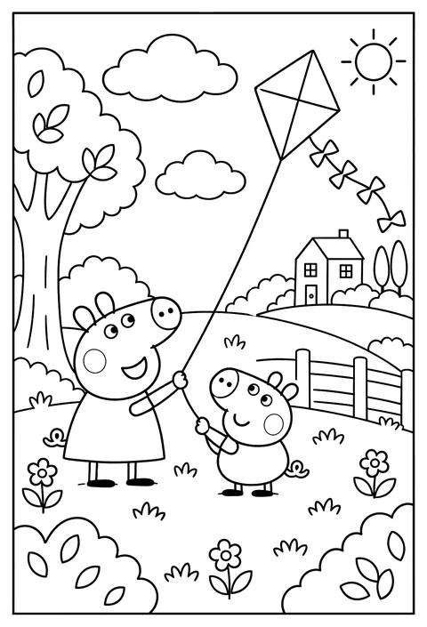 Peppa and George flying a kite together on Windy Hill coloring page