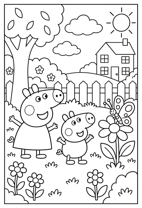 Peppa and George watching a butterfly land on a flower in the garden coloring page