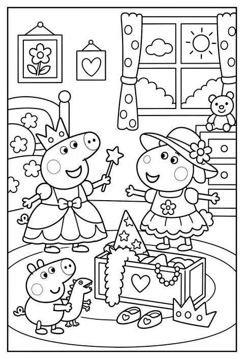Peppa and her friend Suzy Sheep playing dress-up together coloring page