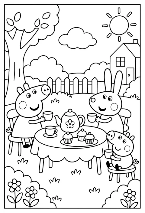 Peppa and Rebecca Rabbit having a tea party with a teapot and cupcakes coloring page
