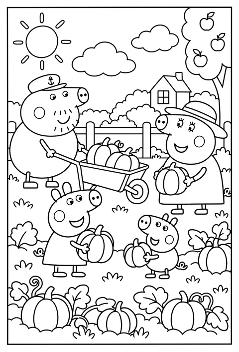 Peppa Pig picking pumpkins in Granny and Grandpa Pig's vegetable garden coloring page