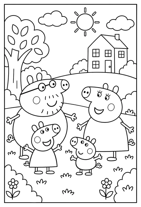Peppa Pig posing with Mummy Pig, Daddy Pig and George outside their hilltop house coloring page
