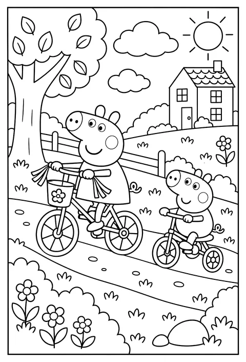 Peppa Pig riding her bicycle with streamers down a grassy hill coloring page