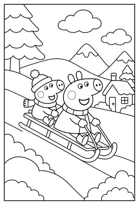 Peppa Pig sledding down a snowy hill with George riding behind her coloring page