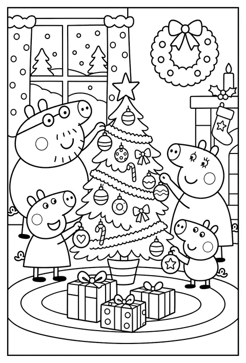The Pig family decorating a Christmas tree with baubles and a star on top coloring page