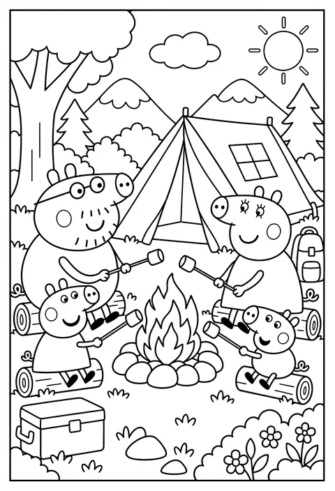 The whole Pig family camping in a tent with a campfire and marshmallows coloring page