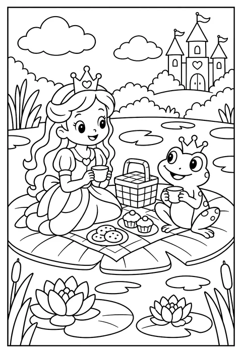 A princess and a frog having a picnic on a giant lily pad coloring page