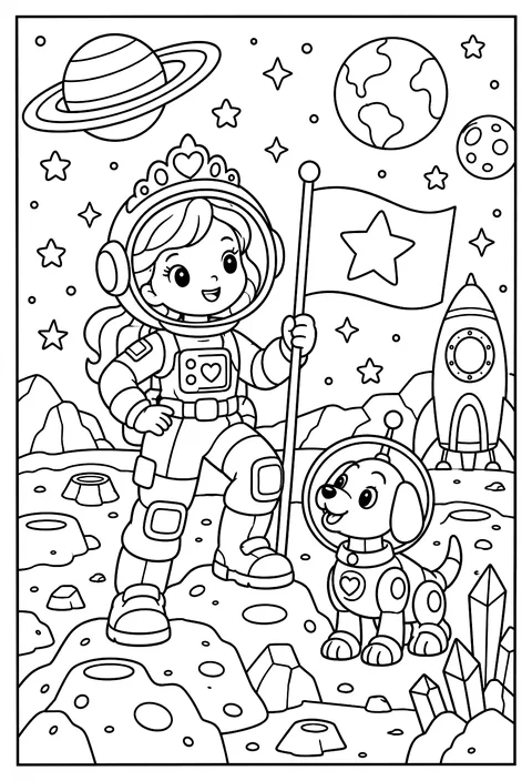 A princess astronaut in a puffy spacesuit with a tiara on the helmet, standing on a planet coloring page