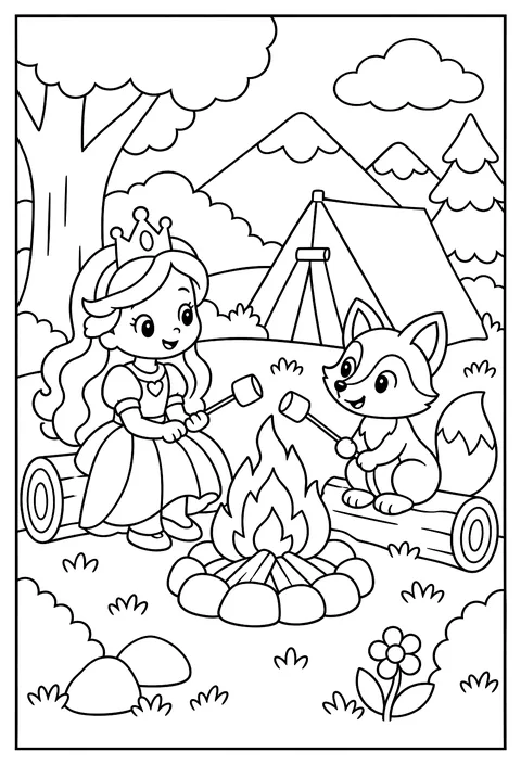 A princess camping in the forest, roasting marshmallows with a fox coloring page