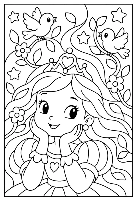 Close-up portrait of a princess whose hair flows into a pattern of vines, birds and stars coloring page