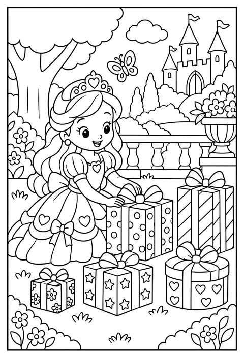 Count-and-color: a princess with five gift boxes of different sizes coloring page