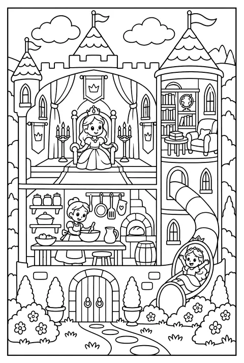 Cutaway of a princess castle coloring page