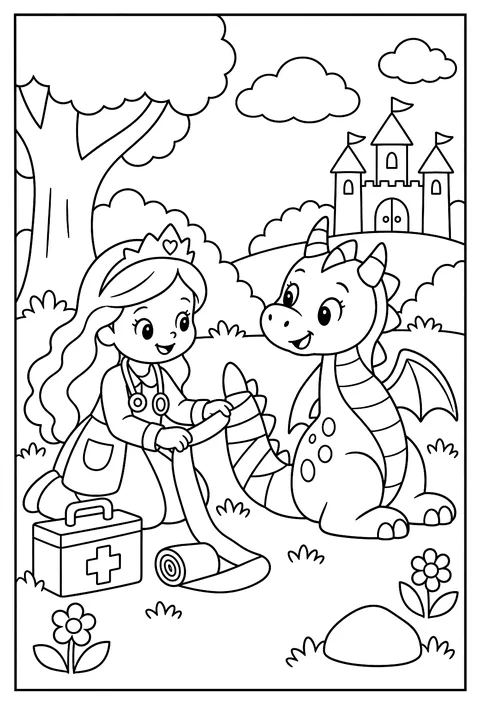 A princess doctor bandaging a dragon's tail with a very long bandage coloring page