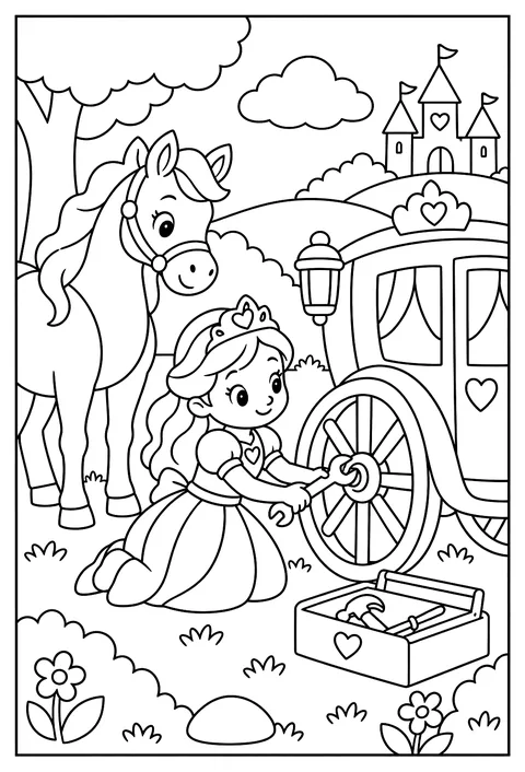 A princess fixing her own carriage wheel with a wrench while the horse watches coloring page