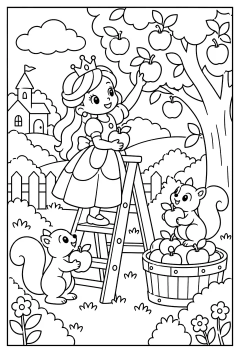 A princess gardener on a ladder picking apples while squirrels help coloring page