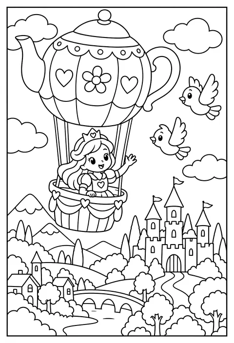 A princess in a hot-air balloon shaped like a teapot over the kingdom coloring page