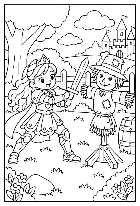 A princess knight in patterned armor practicing with a wooden sword against a scarecrow coloring page