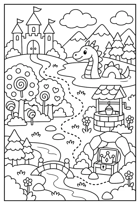 A map of a fairytale kingdom with a dragon lake, a candy forest, a wishing well and a hidden crown coloring page
