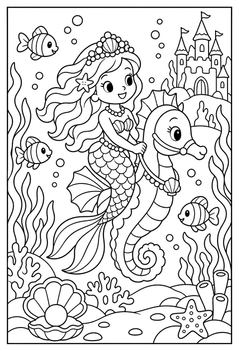 A princess mermaid with a pearl crown riding a seahorse coloring page
